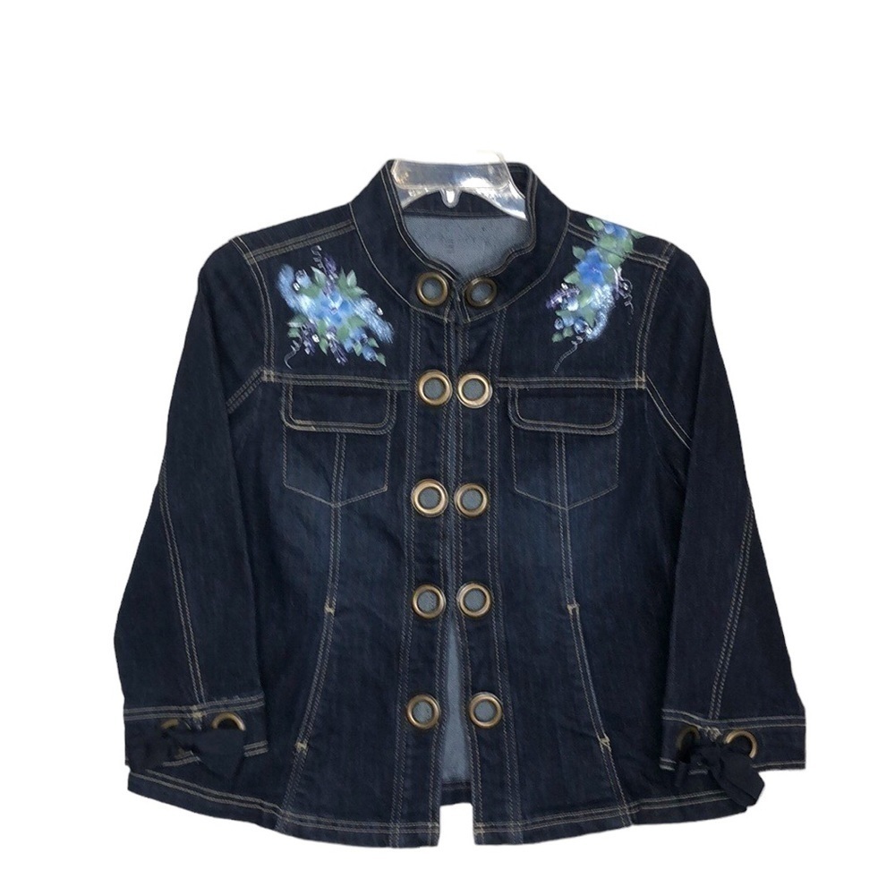 BLUE & White Hand-painted Floral Dark Denim Jean Jacket Rivets & Bows - Size L